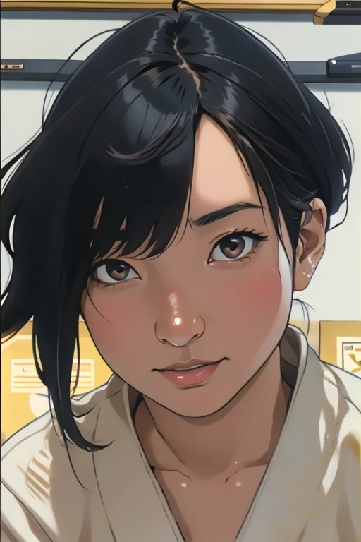 Risa, black haired japanese girl, short black hair, sitting in classroom in uniform , cute, beautiful, realistic style, highly detailed, 4k, look at camera, face close-up,  ((golden ratio, center frame)), (((RISA))), face in center of picture ((NUDE)), (looking away from camera)
