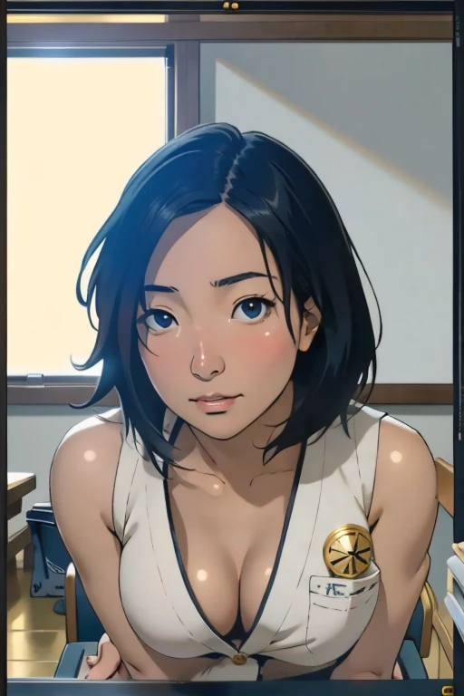 Risa, black haired japanese girl, short black hair, sitting in classroom in uniform , cute, beautiful, realistic style, highly detailed, 4k, look at camera, face close-up, ((golden ratio, center frame)), (((RISA))), face in center of picture ((NUDE)), (looking away from camera)