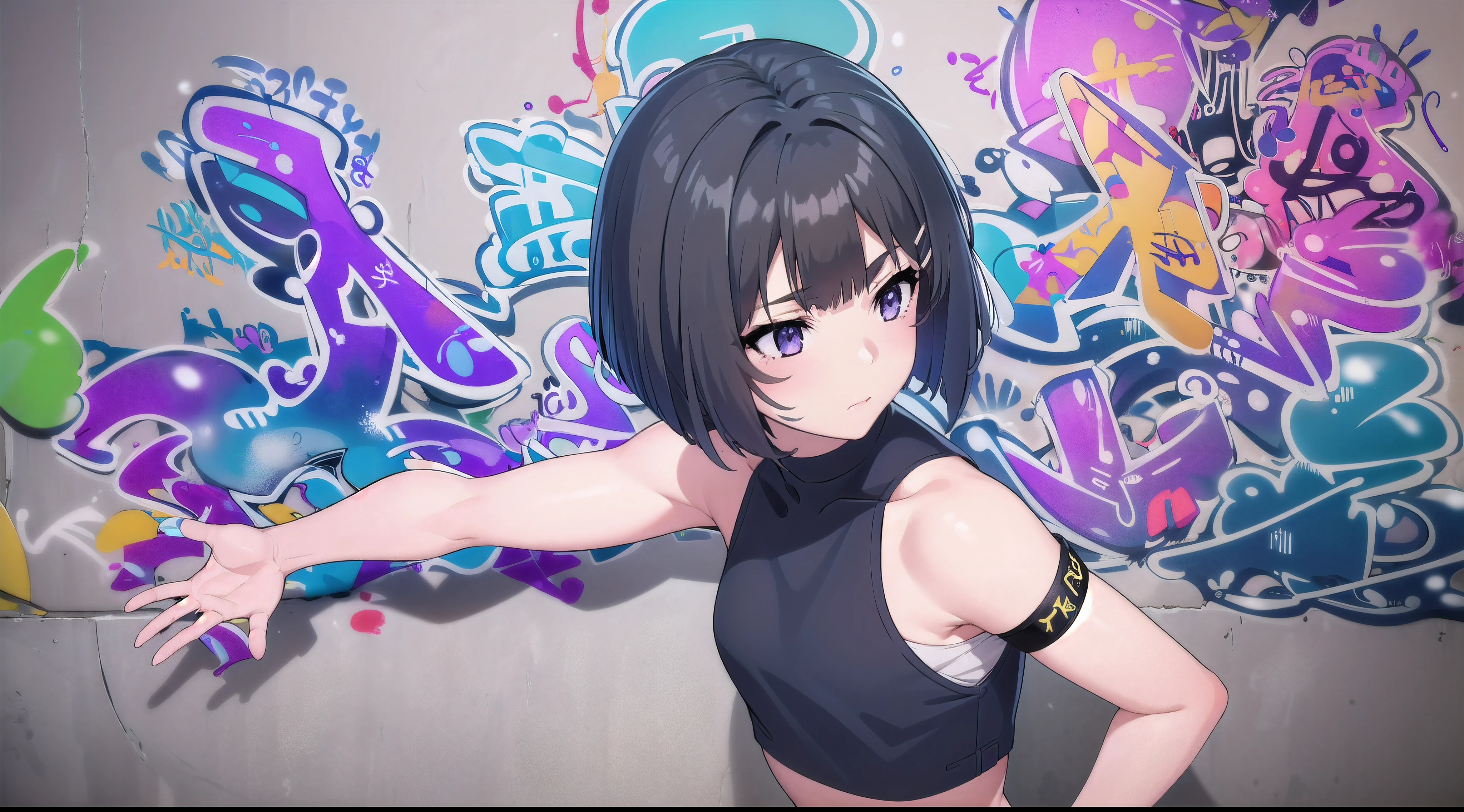 masterpiece, best quality, 1girl, solo, crop top, denim shorts, choker, (graffiti:1.5), paint splatter, (showing armpit:1.1), against wall, Shot diagonally from the side, armband, thigh strap, paint on body, head tilt, bored, hair ornaments, vibrant short black hair, bobhair, short-hair, short bob hair, (((bobcut))), bob haircut, very short bob cut, lip length hair, blunt ends, (sliced_bob), buzzed nape ((haircut:1.3)), undercut, bobbed hair, minibob, sidecut, shaved, purple eyes, graduation bob, straight short hair, short hair above the ears