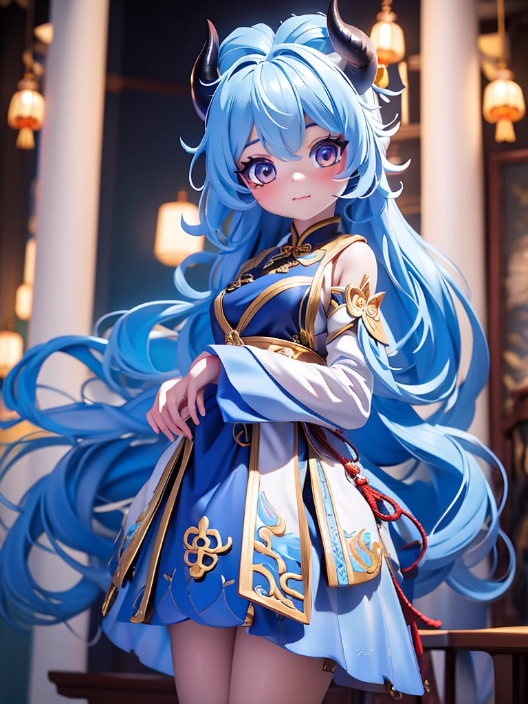 highest quality,8K,masterpiece:1.2)a bit ,amazing,gorgeous chinese girl,detailed skin details,bright eyes,Gorgeous eyelashes,independent,looking at the audience,waist,Kirin、light blue hair、long hair、has horns on its head、whole body)