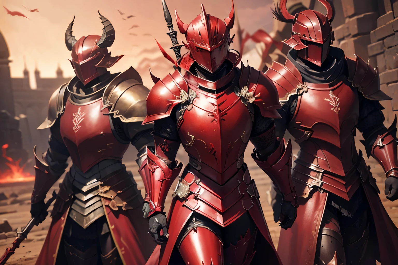 arafed image of a group of men in ((red crimson armor:1.3)) with spears and spears, vfx film closeup, dark red bloody scenery, grimdark chaos fortress, riot shields, still from a music video, an army recruitment poster, inspired by Kamāl ud-Dīn Behzād, in a suit of armour, awarded on cgsociety, DRK_Glam