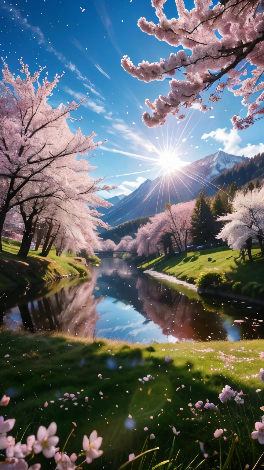 ((LOGO, AMAZING, 8K, TABLETOP, RAW PHOTO, Awesome, Top Quality, Photorealistic and Highly Detailed CG Integrated 8K Wallpaper, High Quality, Highly Detailed, Narrative Verse, Particle Effects, Dynamic Effects, Text Border Depth, Cinematic Light, Lens Flare, Ray Tracing, Tabletop, Real: 1.4, Ultra HD: 1.2, Real, Real)), Fantasy, Anatomically Correct, Wind, Beauty of Mountains and Forests and shine, the world's silence and beauty of the meadow, the vast land, the lakeside, the wonderful scenery, the beautiful natural scenery, the wind, the cherry blossoms, the cherry blossom petals are dancing, the cherry blossom blizzard, the falling petals.