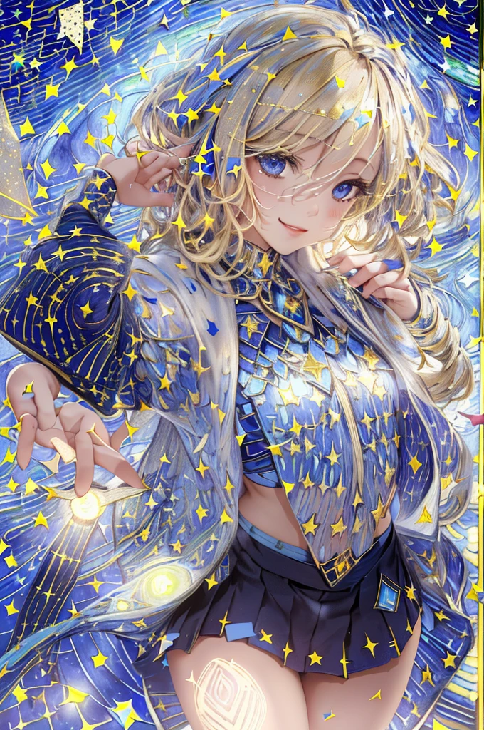 VLP, Aeolian,smile, mini skirt, blonde hair,(starry night sky, Confetti background:1.5)), ethereal glowing, arching your back, navel, hips, face close up, ultra detailed, small parts, detailed eyes and face, Sharp students, realistic students, (Light blue and white idol costume:1.4)