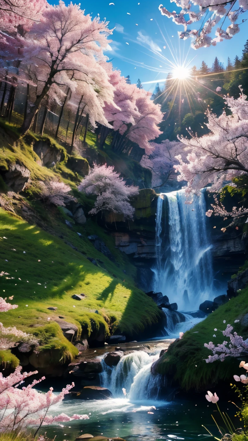 ((LOGO, AMAZING, 8K, TABLETOP, RAW PHOTO, Awesome, Top Quality, Photorealistic and Highly Detailed CG Integrated 8K Wallpaper, High Quality, Highly Detailed, Narrative Verse, Particle Effects, Dynamic Effects, Text Border Depth, Cinematic Light, Lens Flare, Ray Tracing, Tabletop, Real: 1.4, Ultra HD: 1.2, Real, Real)), Fantasy, Anatomically Correct, Wind, Beauty of Mountains and Forests and shine, the world's silence and beauty of the meadow, the vast land, the lakeside, the wonderful scenery, the beautiful natural scenery, the wind, the cherry blossoms, the cherry blossom petals are dancing, the cherry blossom blizzard, the falling petals.
