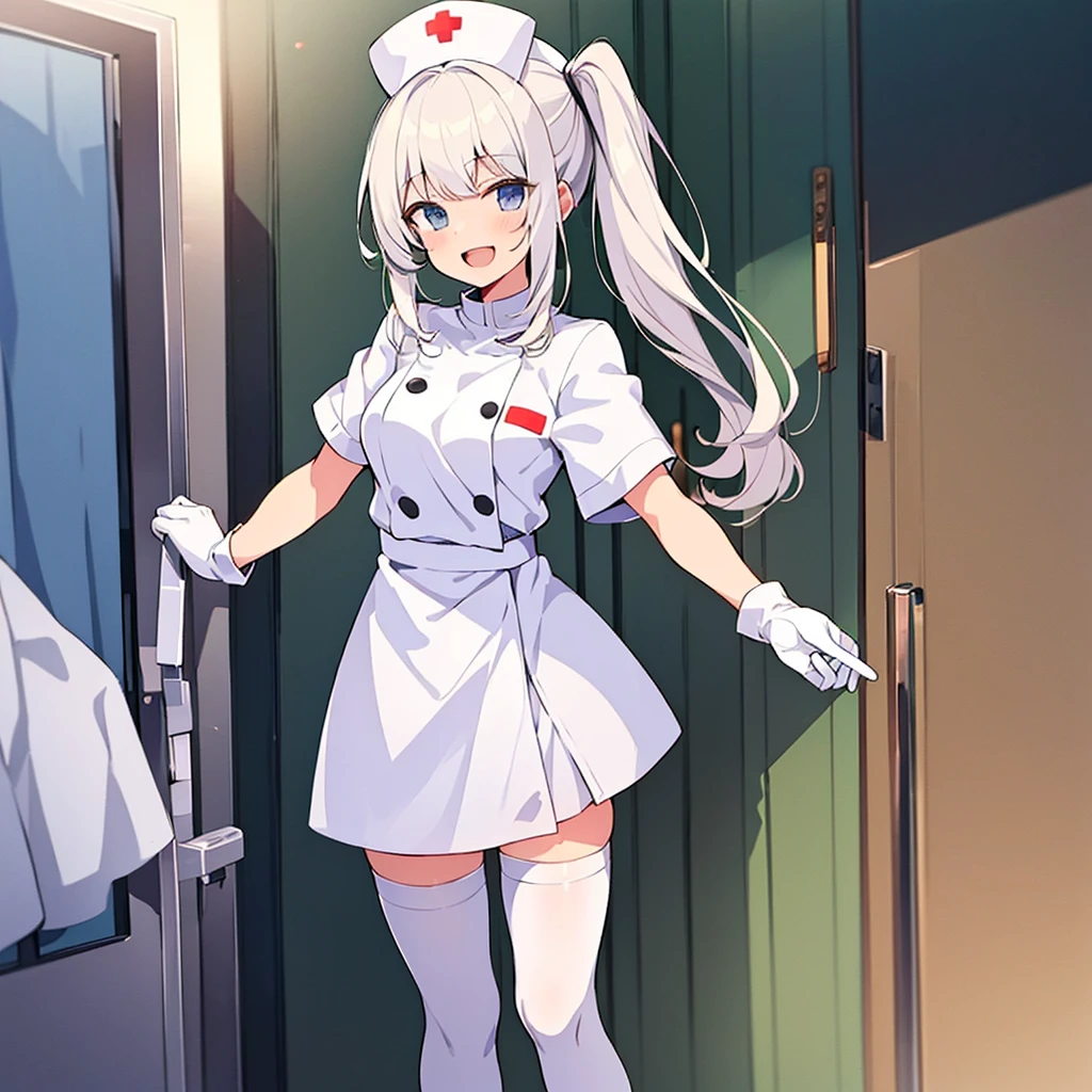 in1, side ponytail, long hair, solo, nurse, ((white nurse cap, white nurse's outfit)), ((white legwear, zettai ryouiki)), white gloves, smile, open mouth, standing, hospital room, sharp outline, short sleeves, best quality, masterpiece