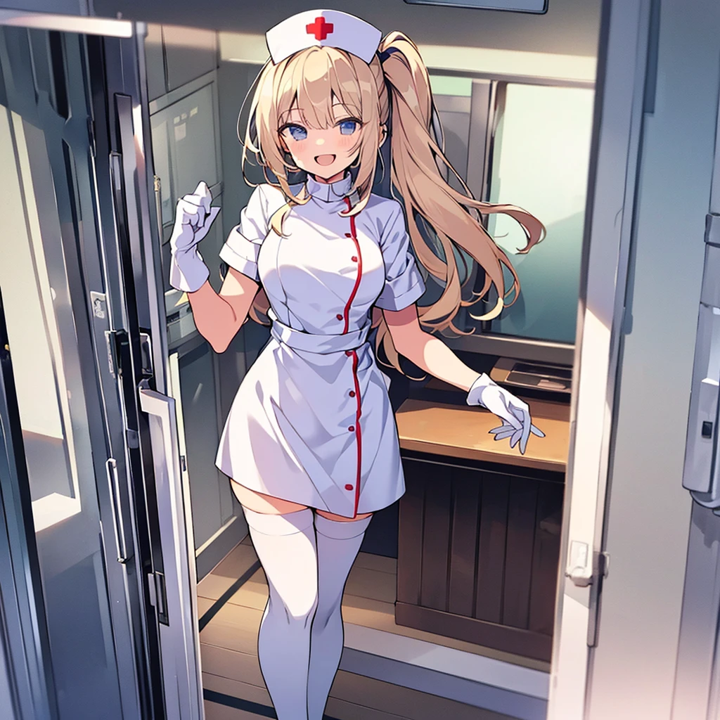 in1, side ponytail, long hair, solo, nurse, ((white nurse cap, white nurse's outfit)), ((white legwear, zettai ryouiki)), white gloves, smile, open mouth, standing, hospital room, sharp outline, short sleeves, best quality, masterpiece