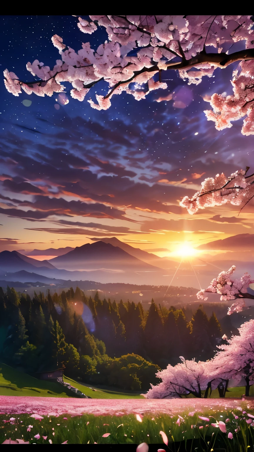 ((LOGO, AMAZING, 8K, TABLETOP, RAW PHOTO, Awesome, Top Quality, Photorealistic and Highly Detailed CG Integrated 8K Wallpaper, High Quality, Highly Detailed, Narrative Verse, Particle Effects, Dynamic Effects, Text Border Depth, Cinematic Light, Lens Flare, Ray Tracing, Tabletop, Real: 1.4, Ultra HD: 1.2, Real, Real)), Fantasy, Anatomically Correct, Wind, Beauty of Mountains and Forests and shine, the world's silence and beauty of the meadow, the vast land, the lakeside, the wonderful scenery, the beautiful natural scenery, the wind, the cherry blossoms, the cherry blossom petals are dancing, the cherry blossom blizzard, the falling petals.