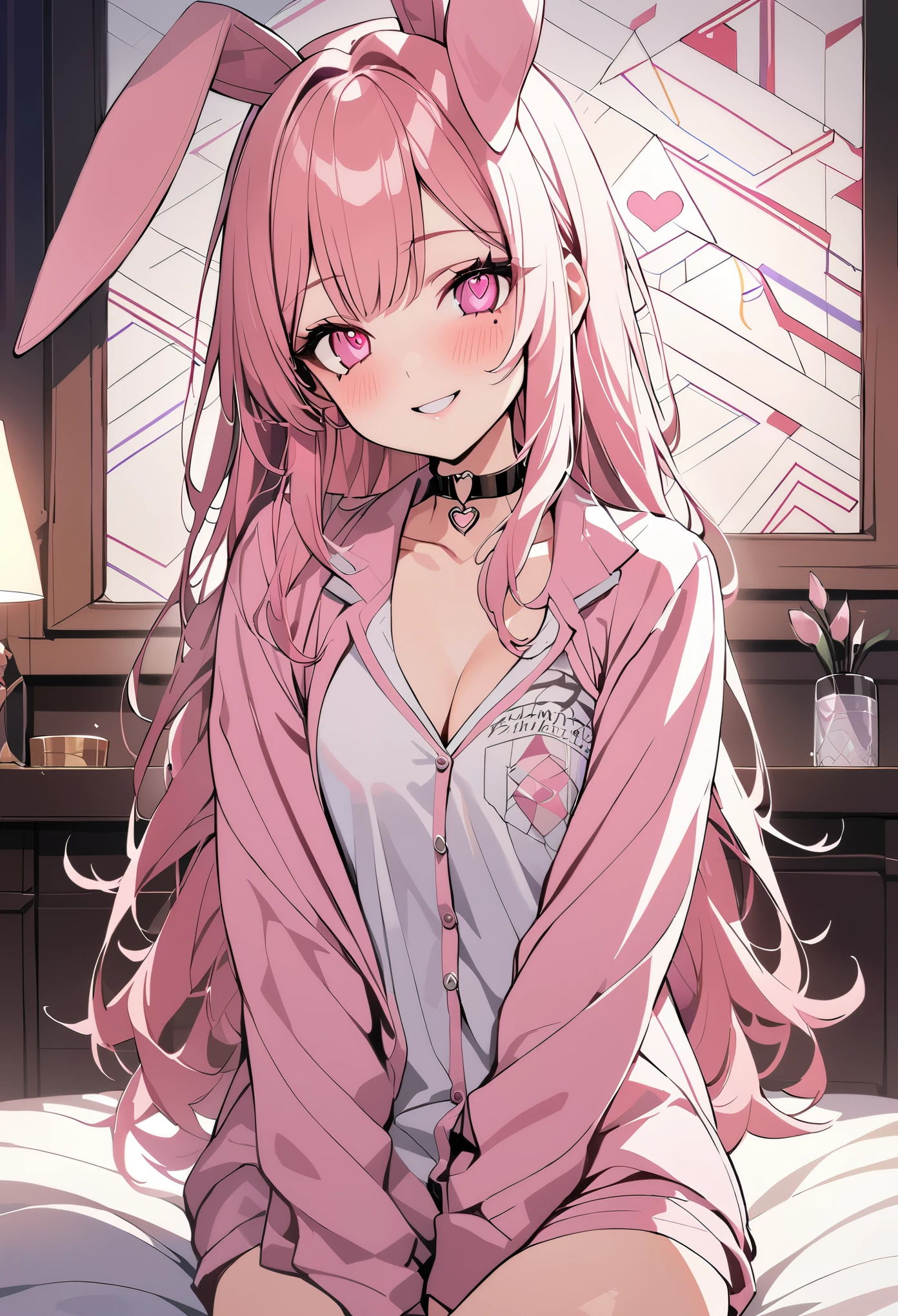 1 girl, pink long hair, heart shaped eyes,Bunny ears, {Pink semi-long hairの女の子、 The name Nami}, (Pink eye color), {night、nightの寝室、bed、pajamas}, (smile) , mole under eye, heart shaped choker, (masterpiece, highest quality), very detailed, highest quality, official art, beautiful and aesthetic: 1.2), (1 girl), very detailed, (geometry art: 1.3), colorful, most detailed ?d1 girl, Pink semi-long hair, Eye of the symbol, {A girl with long pink bun hair The name Nami}, (Pink eye color), (smile),mole under eye, heart shaped choker, (masterpiece, highest quality), official art, beautiful and aesthetic: 1.2), (1 girl), very detailed, (geometry art: 1.3), colorful