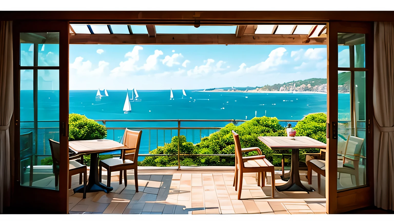 A view from the open terrace of a cafe with a sea view, in the style of Seizo Watase&#39;s paintings.