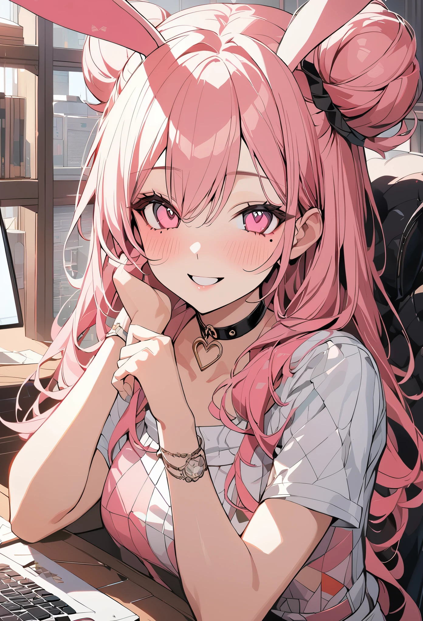 1 girl, pink long hair, heart shaped eyes,Bunny ears, {Pink semi-long hairの女の子、 The name Nami}, (Pink eye color), {office、Business service、disk、computer、coffee}, (smile), bright background , mole under eye, heart shaped choker, (masterpiece, highest quality), very detailed, highest quality, official art, beautiful and aesthetic: 1.2), (1 girl), very detailed, (geometry art: 1.3), colorful, most detailed ?d1 girl, Pink semi-long hair, Eye of the symbol, {A girl with long pink bun hair The name Nami}, (Pink eye color), mole under eye, heart shaped choker, (masterpiece, highest quality), official art, beautiful and aesthetic: 1.2), (1 girl), very detailed, (geometry art: 1.3), colorful