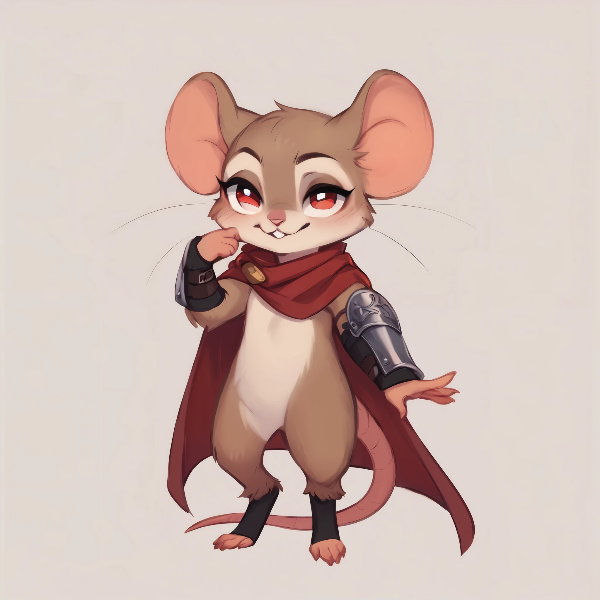 score_9, score_8_up, score_7_up, score_6_up, score_5_up, score_4_up, show accurate, full body, hungry body, simple background, (solo), (semi anthro), mouse, female mouse, fur body, ultra fine fur, standing, red eyes, (light brown dull fur), black color open cape, arm guard made leather, legs and arms with leather, thief appearance,