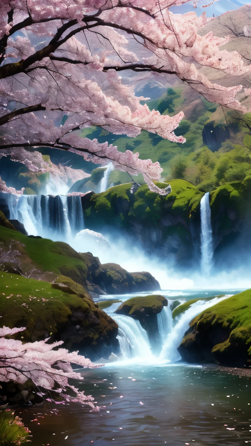 ((LOGO, AMAZING, 8K, TABLETOP, RAW PHOTO, Awesome, Top Quality, Photorealistic and Highly Detailed CG Integrated 8K Wallpaper, High Quality, Highly Detailed, Narrative Verse, Particle Effects, Dynamic Effects, Text Border Depth, Cinematic Light, Lens Flare, Ray Tracing, Tabletop, Real: 1.4, Ultra HD: 1.2, Real, Real)), Fantasy, Anatomically Correct, Wind, Beauty of Mountains and Forests and shine, the world's silence and beauty of the meadow, the vast land, the lakeside, the wonderful scenery, the beautiful natural scenery, the wind, the cherry blossoms, the cherry blossom petals are dancing, the cherry blossom blizzard, the falling petals.