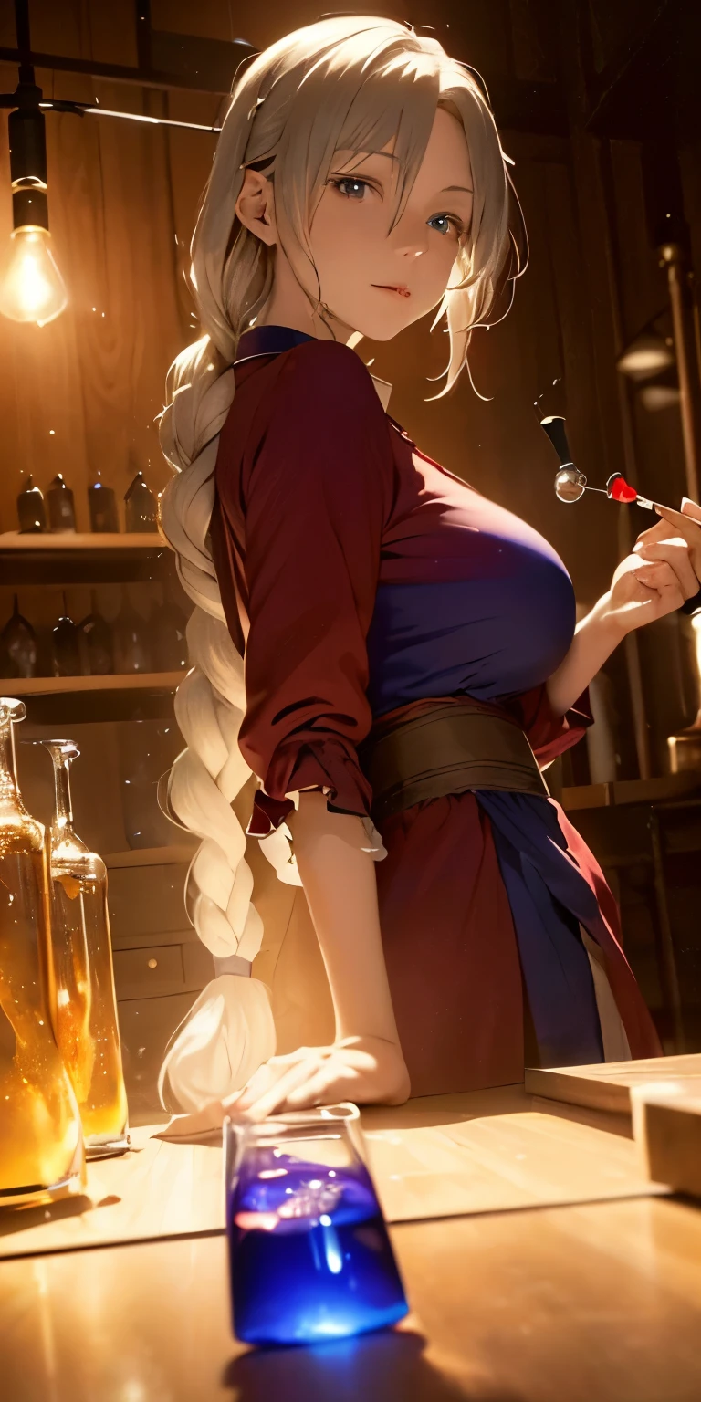 (masterpiece, best quality:1.3), (cinematic angle:1.3), Yagokoro Eirin, Touhou Series, perfect face, expressive eyes, 1woman, looking at viewer, 38 years old, gorgeous body, big breast, beautiful, anime, lora,1woman, silver hair, braid hair, nurse cap, red and blue clothes, long skirt, (evil look, looks down on viewer:1.5), (cinematic lighting, realistic, dream-like, enchanting atmosphere:1.3), (photo of a woman in her dark and mysterious environment:1.3), (the woman surrounded by an aura of mystery and intrigue:1.3), (a dark and mysterious laboratory decorated with many flasks, each filled with colorful liquids:2.0), (she is full of joy in making new discoveries:1.5), (a crystal ball nearby, adding to the mystical setting:1.3), (a hint of incense in the air, adding to the sensory experience:1.3), 