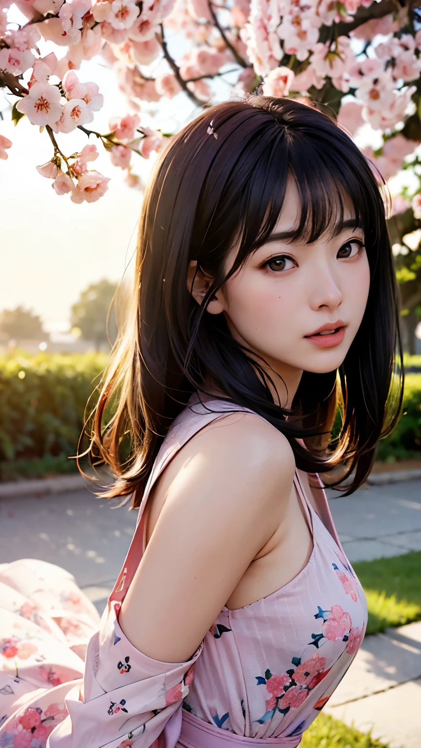 (A logo、​masterpiece、8K、masutepiece、Raw photo、Fantastic、Best Quality、Photorealistic and ighly detailed CG integrated 8k wallpaper、hightquality、ighly detailed、epic poem、Particle effect、Dynamic effects、depth of fields、Cinematic Light、Lens Flare、Ray tracing)、Fantasia、 (Beauty 1 person、doress、Dress、Cherry blossom pattern、A dark-haired、Beautiful face、Real Face、beautiful details eyes beautiful skin)、my hair dances in the wind、Hair flutters in the wind、Hair jumps、Pink cherry blossom tree、Petals flutter、Sakura blizzard、Superb view、morning glow、Sun in the background、the wind、