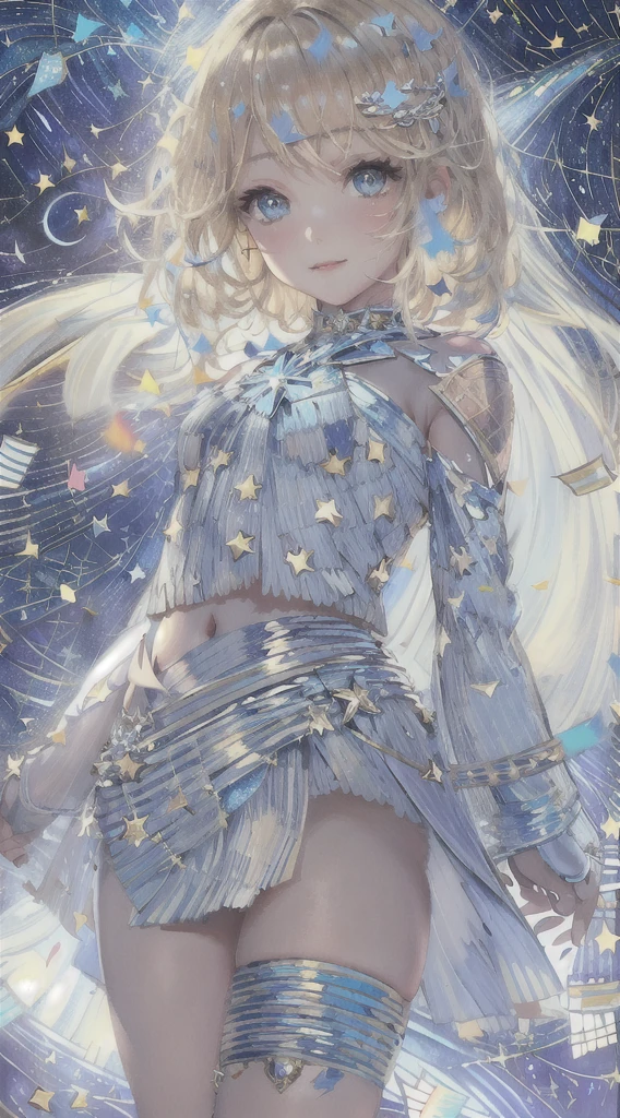 wlop, aeolian,Smile, Mini skirt, Blonde hair,(Starry Night Sky, Confetti background:1.5)), ethereal glowing, arching back, navel, Thighs, close-up face, Ultra detailed, finedetail, Detailed eyes and face, Sharp pupils, Realistic pupils, (Light blue and white idol costume:1.4)