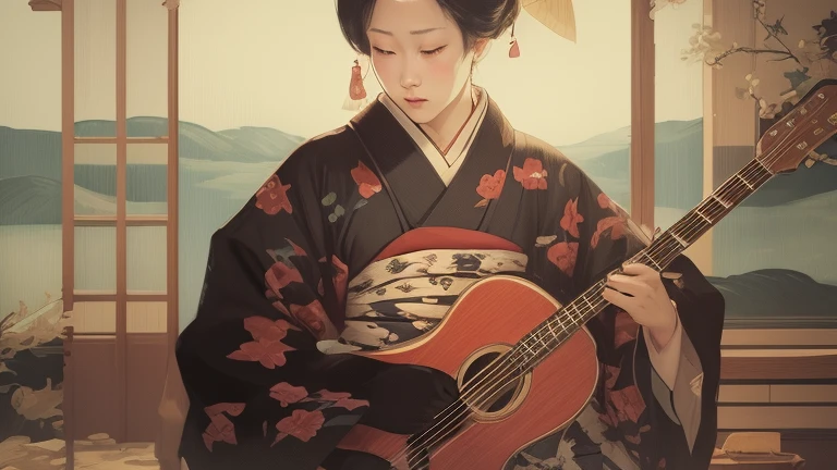 An arafe woman wearing a kimono playing the guitar in front of the window, inspired by Itō Shinsui, Japanese art style, classical Japanese art, traditional Japanese art, In the art style of Ukiyo-e, Japanese art, Inspired by Shoen Uemura, japanese geisha, Japanese painting, Japanese art art, 伝統的なJapanese painting