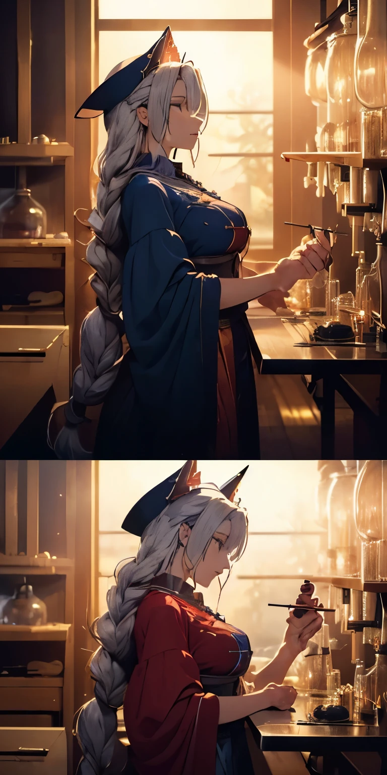 (masterpiece, best quality:1.3), (cinematic angle:1.3), Yagokoro Eirin, Touhou Series, perfect face, expressive eyes, 1woman, looking at viewer, 38 years old, gorgeous body, big breast, beautiful, anime, lora,1woman, silver hair, braid hair, nurse cap, red and blue clothes, long skirt, (evil look, looks down on viewer:1.5), (cinematic lighting, realistic, dream-like, enchanting atmosphere:1.3), (photo of a woman in her dark and mysterious environment:1.3), (the woman surrounded by an aura of mystery and intrigue:1.3), (a dark and mysterious laboratory decorated with many flasks, each filled with colorful liquids:2.0), (a table before Eirin decorated with flask, spread out in mysterious shapes:2.0), (she is full of joy in making new discoveries:1.5), (a crystal ball nearby, adding to the mystical setting:1.3), (a hint of incense in the air, adding to the sensory experience:1.3), 