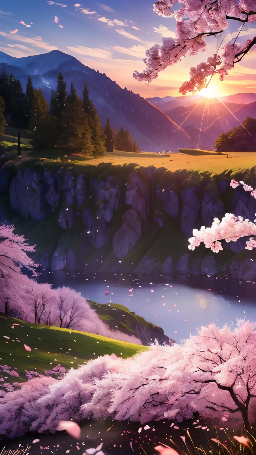 ((LOGO, AMAZING, 8K, TABLETOP, RAW PHOTO, Awesome, Top Quality, Photorealistic and Highly Detailed CG Integrated 8K Wallpaper, High Quality, Highly Detailed, Narrative Verse, Particle Effects, Dynamic Effects, Text Border Depth, Cinematic Light, Lens Flare, Ray Tracing, Tabletop, Real: 1.4, Ultra HD: 1.2, Real, Real)), Fantasy, Anatomically Correct, Wind, Beauty of Mountains and Forests and shine, the world's silence and beauty of the meadow, the vast land, the lakeside, the wonderful scenery, the beautiful natural scenery, the wind, the cherry blossoms, the cherry blossom petals are dancing, the cherry blossom blizzard, the falling petals.