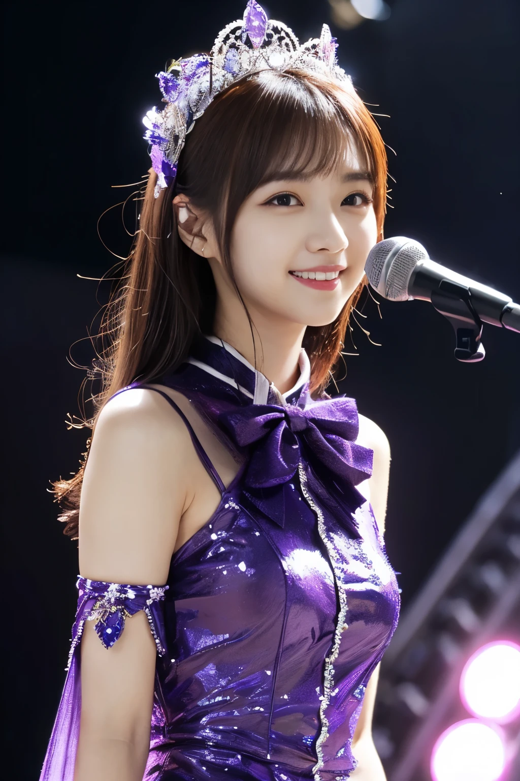 
1 girl, (Wearing a bright purple idol costume:1.2), Photo collection of very beautiful Japanese idols, 
(Raw photo, highest quality), (realistic, Photoreal:1.4), (masterpiece), 
very delicate and beautiful, very detailed, 2k wallpaper, wonderful, finely, very detailed CG Unity 8K 壁紙, Super detailed, High resolution, soft light, 
beautiful detailed girl, very detailed目と顔, beautifully detailed nose, finelyて美しい目, cinematic lighting, 
(idol concert:1.4), (The background is a stage:1.3), 
complete anatomy, slender body, small, smile