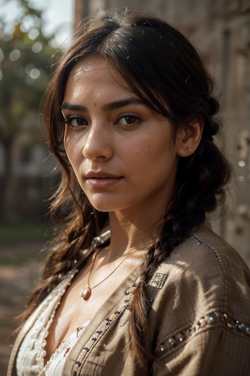 30 year old Italian girl, Native Indigenous Female, ((The captured image is sepia, Photo of, painting,(High contrast))), (deep, darkest Shadows), (35mm Film), High contrast,((Taken with a Leica camera, slot: F/2.8)) ,(كيلوواط-ph1:0.9), hyper-real skin, (She is tattooed), (she's wearing dark contemporary chic jacket with intricate colorFul bead work:1.2),( layers oF clothes)), background: Dakota Indian Reservation USA, Intricate beaded mural, most beautiFul woman, (Her hair is dark in colour, Messy braid), It's in the dark with natural light glowing, Radiant skin , (sun accents her Features),Intense eye contact, harsh, conFident, stunning woman, (relaxation , component, ), (hyper-detailed bead Fabric texture, Shirt style, Fabric, (الbackground بشكل طبيعي)), (highest quality Fabric texture: 1.2), sepia Film, classic, Highlights tone, Shadows, Film quality, Cinematic, powerFul image, Strong woman, minimum, Atmospheric air, (ultra-real ,soFt accent light, Great natural lighting, (stunning Facial lighting)), (highest quality Fabric texture),, Highly realistic hair and skin, (ultra-real skin, Native woman ), Elegant elegance, Meticulously detailed,(Very precise), (highest detail skin texture peach-Fuzz, Freckles, skin real,) ○○ الدقة – High accuracy جدًا , Very high texture (Film negative grain highlights resolution), Photoreal hands and Fingers – (photoreal beautiFul 4k) , 8k,Maximum detail, Close and intimate, close up, Her perFectly Framed Face, Plains Indian Woman, a work oF art, beautiFul composition, Solo woman, (highest quality Fabric texture), Thick, dark hair, All the details,Fine Facial Features, Masterpiece - (Highest quality) ,Leica camera Film, جودة عالية ○○ مفصلة - ○○ تفاصيل Very detailed(Ultra-Fine ), Photoreal, Very detailed(Very detailed) , Meticulously detailed, (Image with top details, lens Flare, real)○○ Resolution - ○○ Ultra-fine resolution(High accuracy), intimate and relaxation