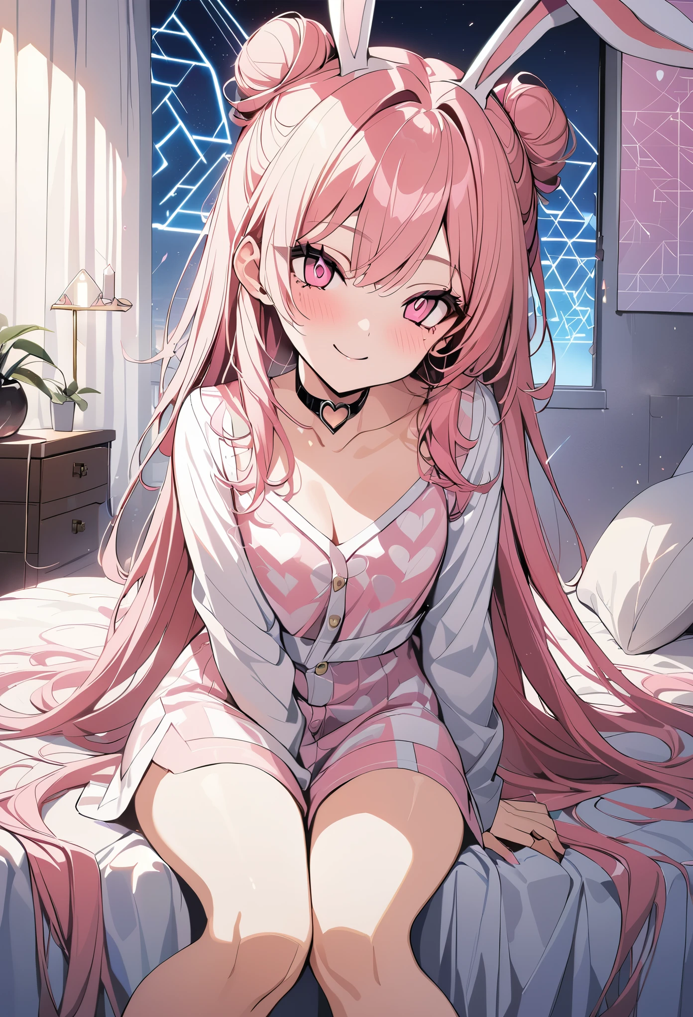 1 girl, pink long hair, heart shaped eyes,Bunny ears, {Pink semi-long hairの女の子、 The name Nami}, (Pink eye color), {night、nightの寝室、dark、electricity、bed、pajamas}, (smile) , mole under eye, heart shaped choker, (masterpiece, highest quality), very detailed, highest quality, official art, beautiful and aesthetic: 1.2), (1 girl), very detailed, (geometry art: 1.3), colorful, most detailed ?d1 girl, Pink semi-long hair, Eye of the symbol, {A girl with long pink bun hair The name Nami}, (Pink eye color), (smile),mole under eye, heart shaped choker, (masterpiece, highest quality), official art, beautiful and aesthetic: 1.2), (1 girl), very detailed, (geometry art: 1.3), colorful