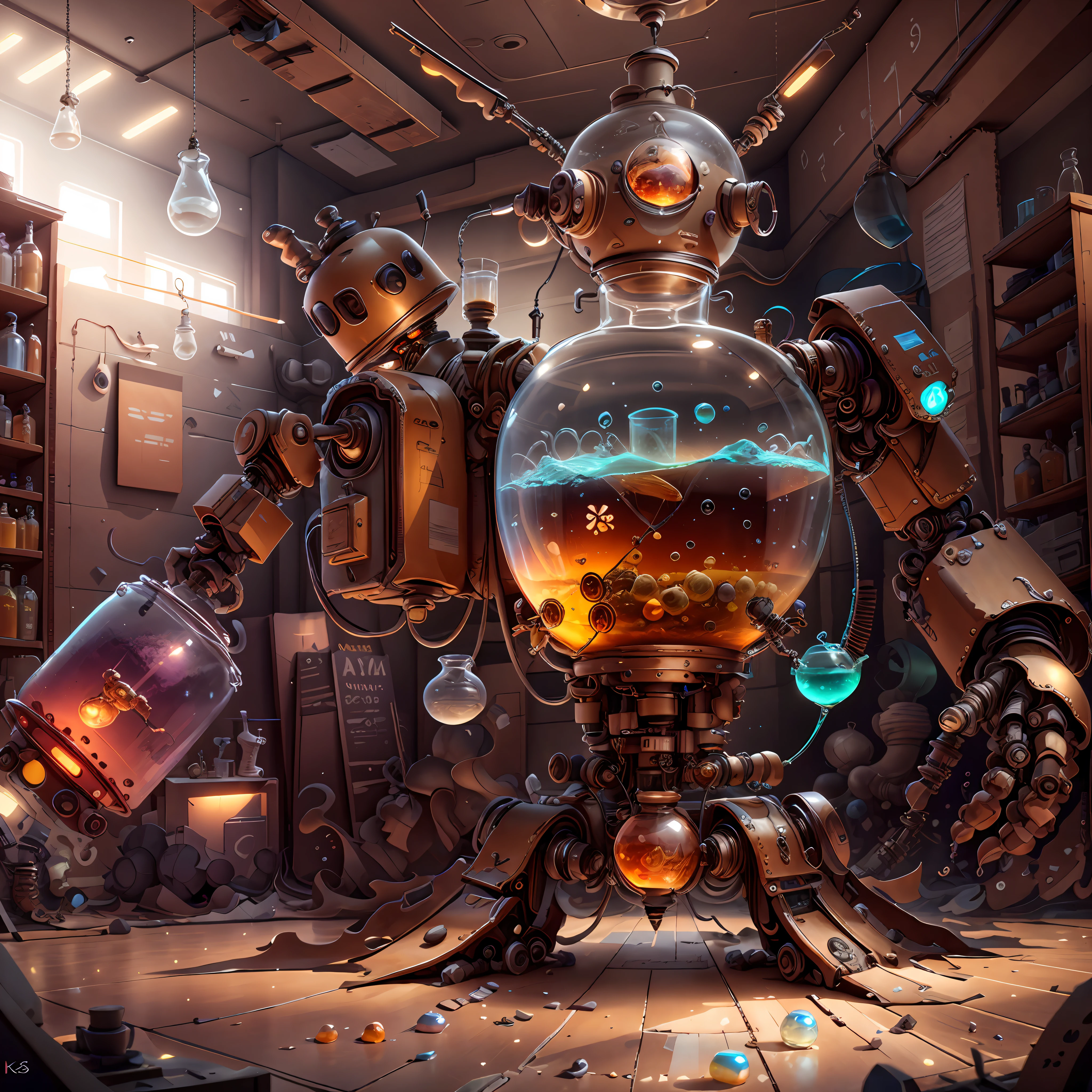 there is a robot that is standing in a room with a fish bowl, fantasy alchemist laboratory, rolands zilvinskis 3d render art, 3 d render beeple, 4k highly detailed digital art, futuristic chemistry lab, cute elaborate epic robot, 3d render digital art, 3 d epic illustrations, 3 d render stylized, in a steampunk laboratory hand raised