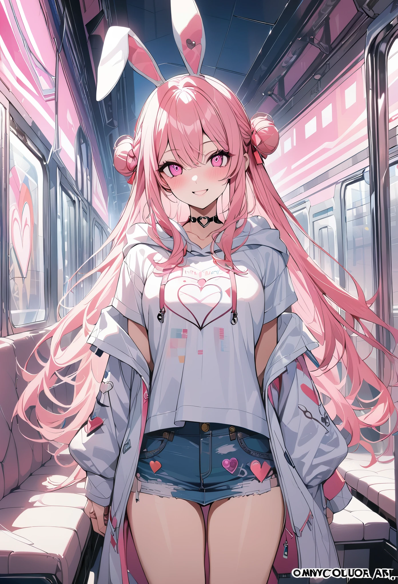 1 girl, pink long hair, heart shaped eyes,Bunny ears, {Pink semi-long hairの女の子、 The name Nami}, (Pink eye color), {night、After work、train、white hooded shirt、denim mini skirt}, (smile), station、train , mole under eye, heart shaped choker, (masterpiece, highest quality), very detailed, highest quality, official art, beautiful and aesthetic: 1.2), (1 girl), very detailed, (geometry art: 1.3), colorful, most detailed ?d1 girl, Pink semi-long hair, Eye of the symbol, {A girl with long pink bun hair The name Nami}, (Pink eye color), mole under eye, heart shaped choker, (masterpiece, highest quality), official art, beautiful and aesthetic: 1.2), (1 girl), very detailed, (geometry art: 1.3), colorful