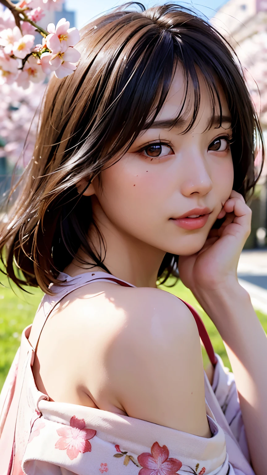 (A logo、masterpiece、8K、masutepiece、Raw photo、Fantastic、Best Quality、Photorealistic and ighly detailed CG integrated 8k wallpaper、hightquality、ighly detailed、epic poem、Particle effect、Dynamic effects、depth of fields、Cinematic Light、Lens Flare、Ray tracing)、Fantasia、 (Beauty 1 person、doress、Dress、Cherry blossom pattern、A dark-haired、Beautiful face、Real Face、beautiful details eyes beautiful skin)、my hair dances in the wind、Hair flutters in the wind、Hair jumps、Pink cherry blossom tree、Petals flutter、Sakura blizzard、Superb view、morning glow、Sun in the background、the wind、