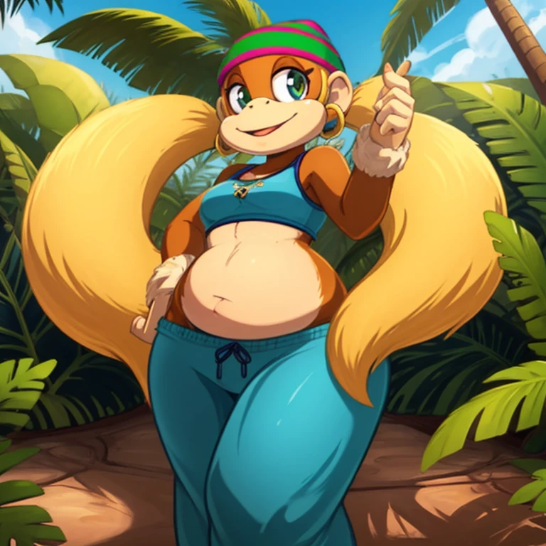 masterpiece, best quality, high resolution, full body, perfect body, perfect face, great detail, depth of field, tinykong, anthropomorphic, blonde hair, twin tails, baggy pants, monkey, crop top, light brown fur, beanie, anthro monkey, solo, 1girl, jungle background, palm trees, curvy hips, cel shaded, cartoon, flirty pose, looking at viewer,     belly   large  inside   tails     the fox  move   foot    face   tails     