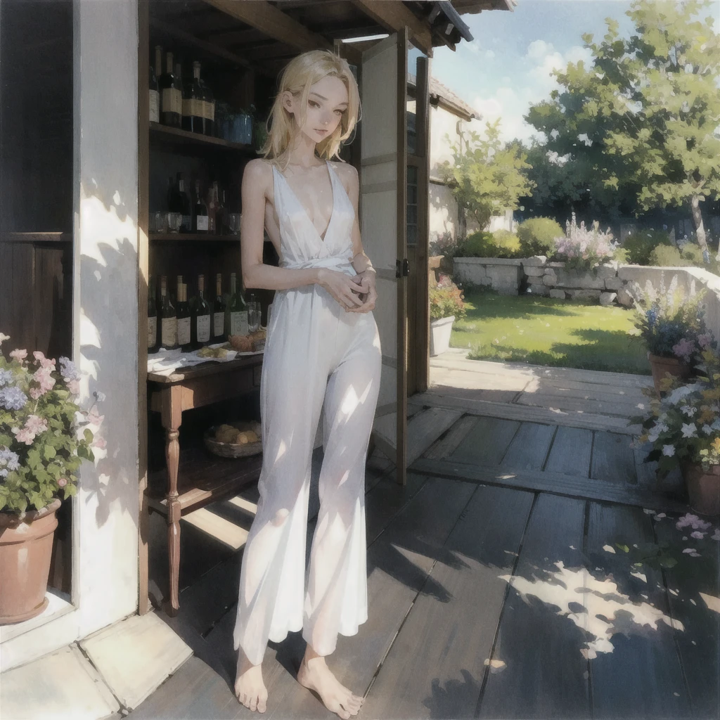 An exquisite slender girl of 16 years old with a perfect face with blond hair in the rays of the rising sun, naked with tender breasts with pink nipples, barefoot on the veranda in the garden, drinking wine and looking at flowers, in watercolor style, Discreet shades, Flares, imitation of film photography, against the sun, a lot of sun glare, light fills the frame