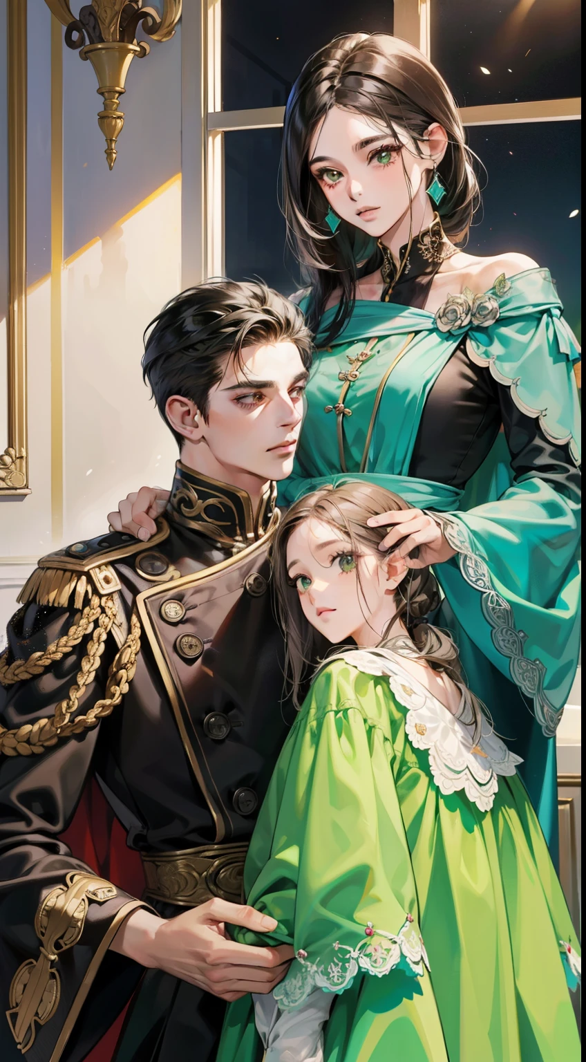 casal, 1  1 menino, cor de cabelo diferente, cabelo com coque preto e olhos roxos escuros, cabelo loiro curto e olhos verdes escuros, romance, brown suite, vestido roxo, Reino Unido,  Fundo de quarto luxuoso, cara a cara, romantic, luz brilhante, garota de cabelo preto, menino loiro.