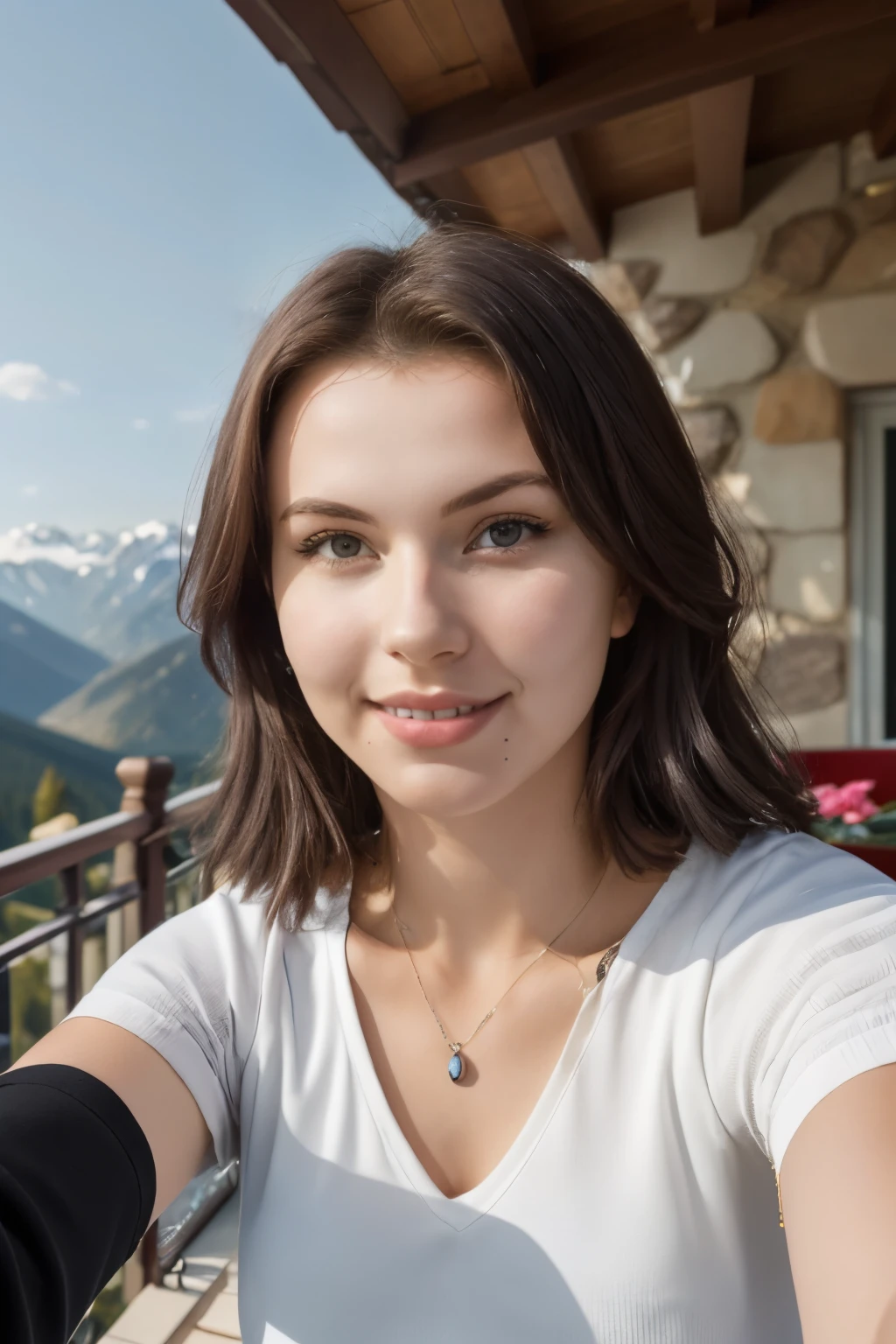 arafed woman taking a selfie with her cell phone on a balcony, anastasia ovchinnikova, viktoria gavrilenko, julia gorokhova, alina ivanchenko, selfie of a young woman, with mountains in the background, anna nikonova aka newmilky, with mountains in background, portrait sophie mudd, nika maisuradze