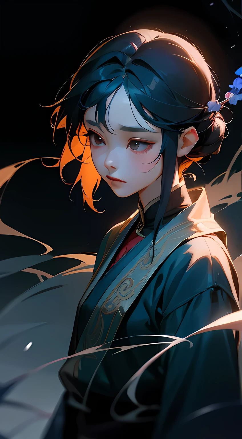 There was a woman with blue flowers in her hair., inspired by Chen Yifei, Smoke hung,soft portrait shot 8k,Realistic gentle face,Black or dark background, inspired by Zhang Yang, inspired by Tang Yifen, inspired by Zhang Xuan, looks like a mixture of dirt, looks like a mix of grimes, inspired by Chen Lu, Cai Xukun, looks like a mix of grimes, Xianxia fantasy