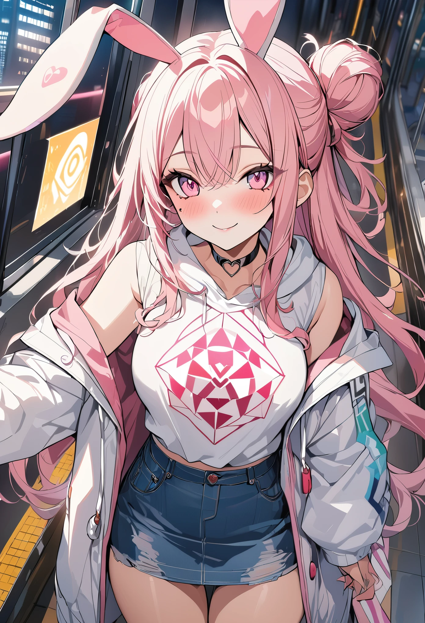 1 girl, pink long hair, heart shaped eyes,Bunny ears, {Pink semi-long hairの女の子、 The name Nami}, (Pink eye color), {night、After work、train、white hooded shirt、denim mini skirt}, (smile), station、train , mole under eye, heart shaped choker, (masterpiece, highest quality), very detailed, highest quality, official art, beautiful and aesthetic: 1.2), (1 girl), very detailed, (geometry art: 1.3), colorful, most detailed ?d1 girl, Pink semi-long hair, Eye of the symbol, {A girl with long pink bun hair The name Nami}, (Pink eye color), mole under eye, heart shaped choker, (masterpiece, highest quality), official art, beautiful and aesthetic: 1.2), (1 girl), very detailed, (geometry art: 1.3), colorful