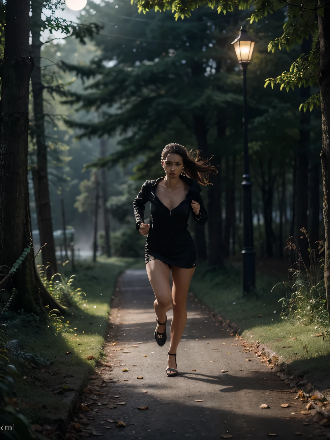 (best quality,4k,8k,highres,masterpiece:1.2),ultra-detailed,(realistic,photorealistic,photo-realistic:1.37),young,sexy woman,running,scary,wood,dark,short dress,high heels,terrified expression,long flowing hair,elegant posture,misty atmosphere,vivid colors,surreal lighting,haunting shadows,enchanted forest,foreboding,fast-paced,adrenaline-filled chase,moonlight,heart pounding,hiding spots,ominous sounds,leaves rustling,creepy branches,overgrown foliage,dangerous pursuit,nervous energy,shadows lurking,blurred background,fearful eyes,wild heartbeat