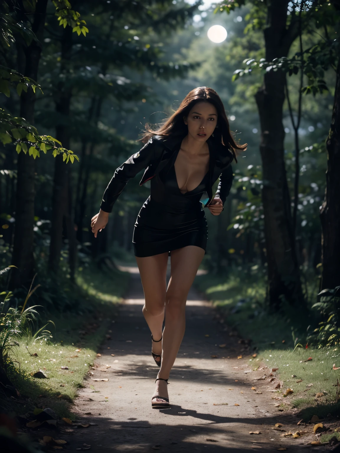 (best quality,4k,8k,highres,masterpiece:1.2),ultra-detailed,(realistic,photorealistic,photo-realistic:1.37),young,sexy woman,running,scary,wood,dark,short dress,high heels,terrified expression,long flowing hair,elegant posture,misty atmosphere,vivid colors,surreal lighting,haunting shadows,enchanted forest,foreboding,fast-paced,adrenaline-filled chase,moonlight,heart pounding,hiding spots,ominous sounds,leaves rustling,creepy branches,overgrown foliage,dangerous pursuit,nervous energy,shadows lurking,blurred background,fearful eyes,wild heartbeat