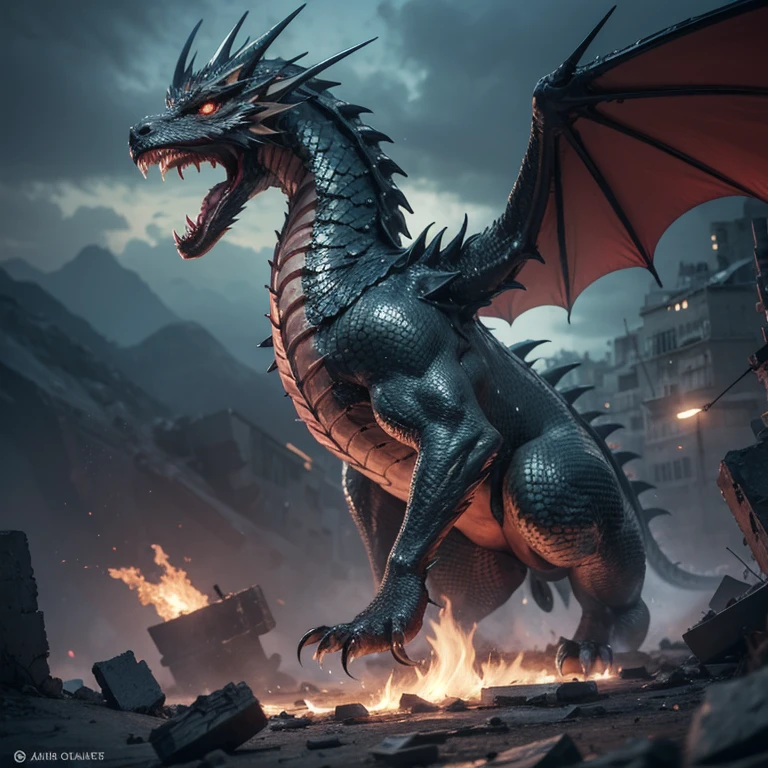 A colossal ancient dragon, its scales shimmering with a metallic sheen, looms menacingly over a city in ruins. With its massive wings outstretched, it emanates an overwhelming sense of wrath as it ravages through the once bustling streets, leaving destruction in its wake. The dragon's eyes glow with a fiery intensity, reflecting its intense anger and ferocity. This masterpiece captures every intricate detail of the dragon's mighty form, from its sharp, jagged teeth to the intricate patterns on its scales. The image is bathed in a crisp, intense focus, allowing every minute detail to be observed, even down to the smallest crack in the dragon's scaly armor. The scene is engulfed in a dark, foreboding atmosphere