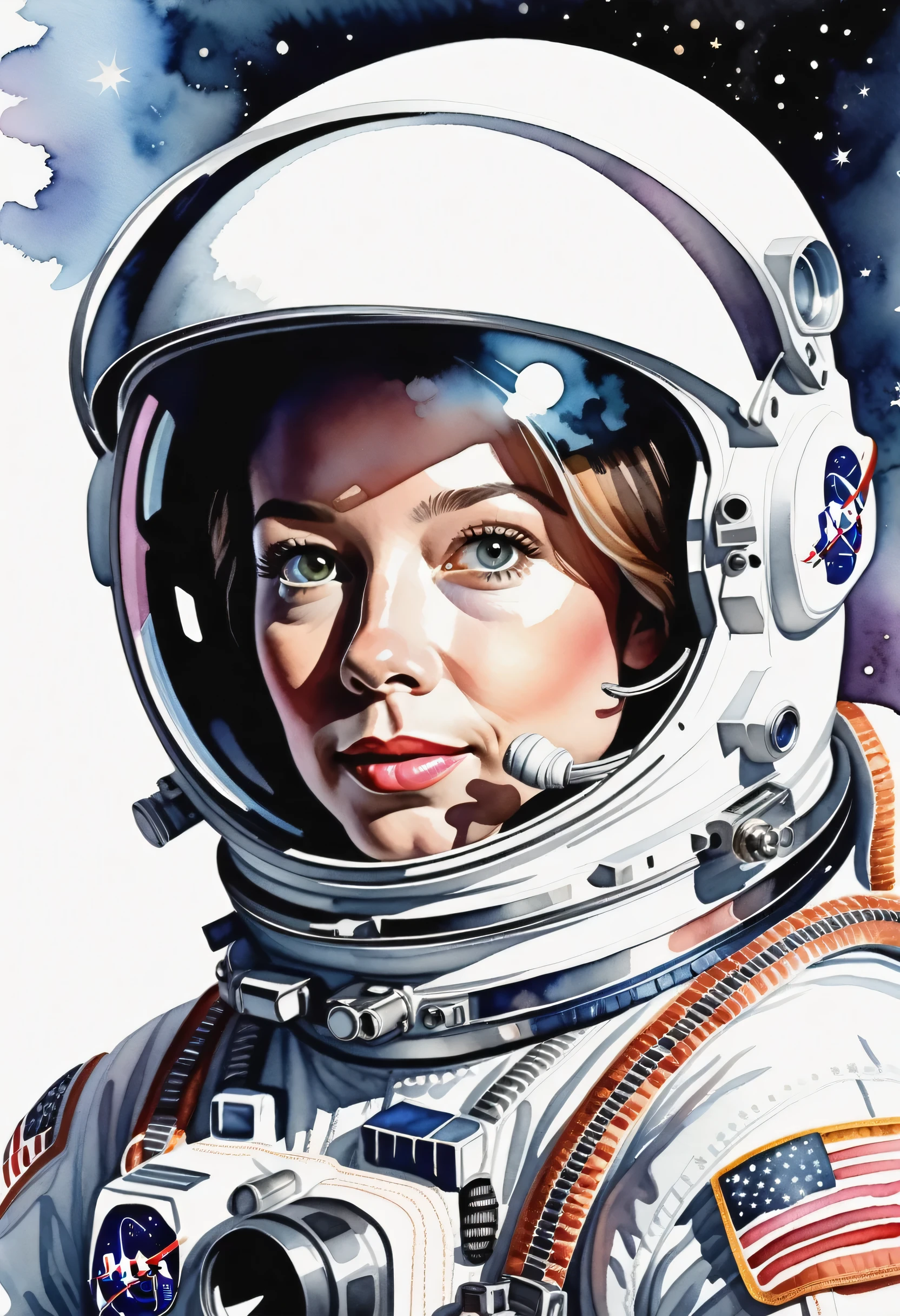 watercolor illustration, astronaut on a white background, best quality, ultra-detailed, realistic, portraits, vivid colors, soft pastel shades, natural lighting
