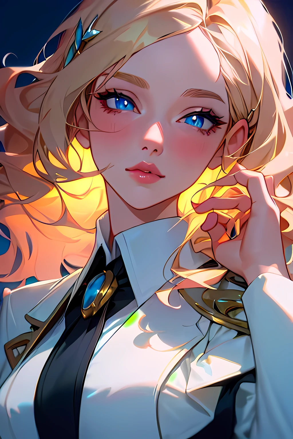 masterpiece, Best quality, night, full moon, 1 girl, mature woman, blonde hair, long and wavy hair, Light pink lips, tranquility, Intellectual, medium hair, blue pupils, hairpin, Beautiful face, face close up, Hand close-up, business suit, White shirt, black dress pants 