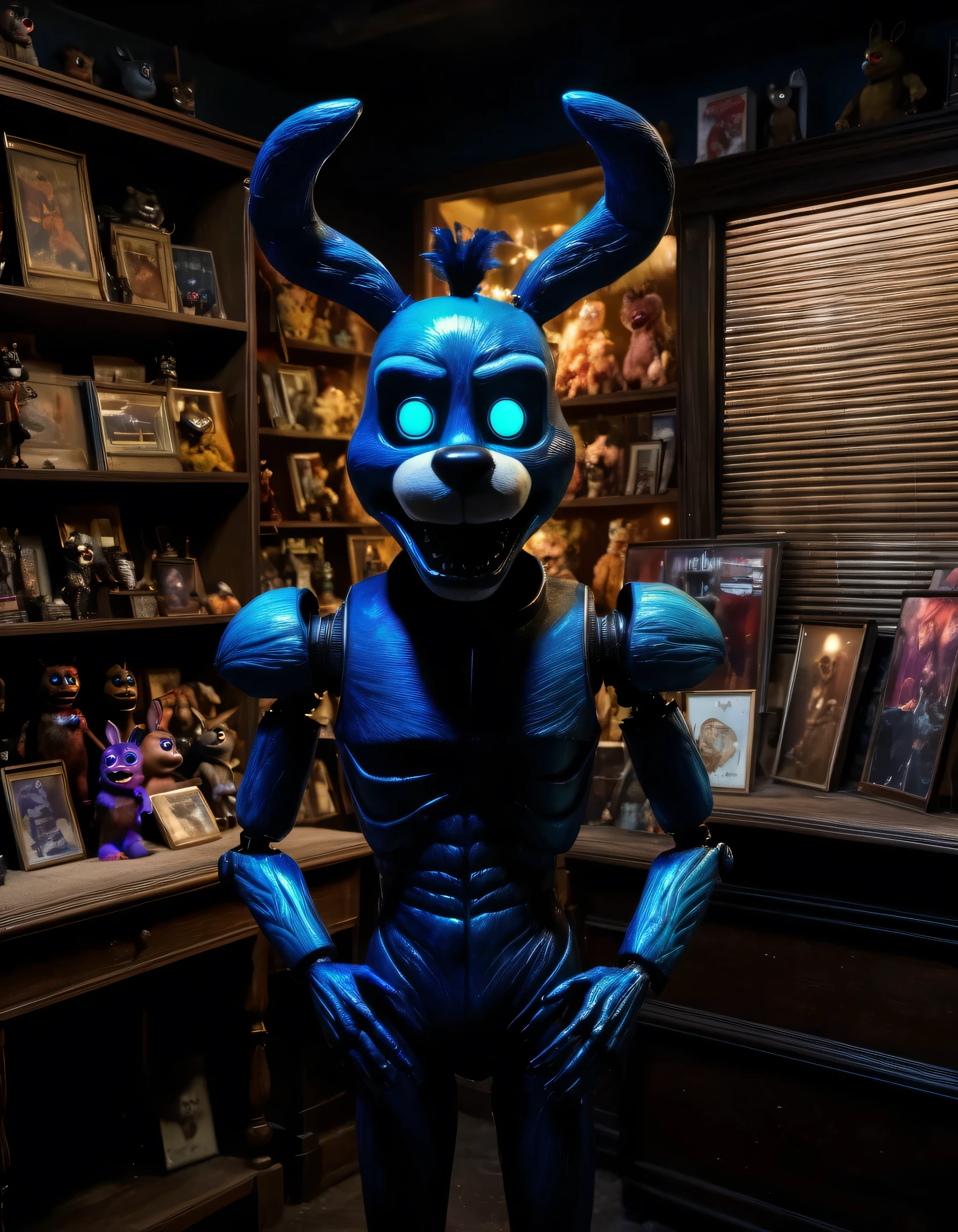 photo of an uncanny short humanoid animatronic in a (dark-antique-store), standing horror, iridescent, ugly, fnaf vhs, terrifying, animatronic, humanoid arms and head, hair, furry, Subsurface-scattering dark-aesthetic) (detailed, high-quality, highres, 8k, high saturation)