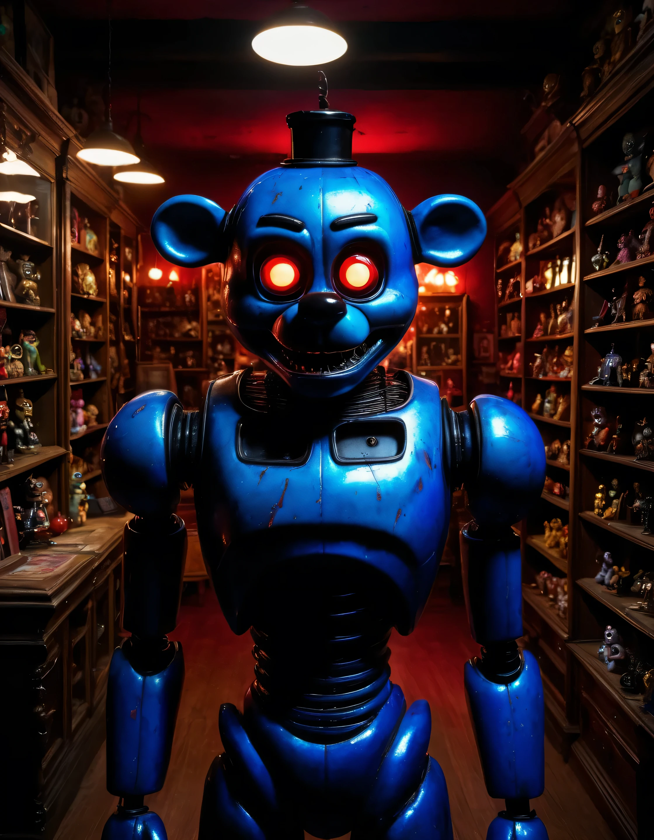 photo of an uncanny short humanoid animatronic in a (dark-antique-store), standing horror, iridescent, ugly, fnaf vhs, red, terrifying, animatronic, humanoid arms and head, (hair, furry), Subsurface-scattering dark-aesthetic) (detailed, high-quality, highres, 8k, high saturation)