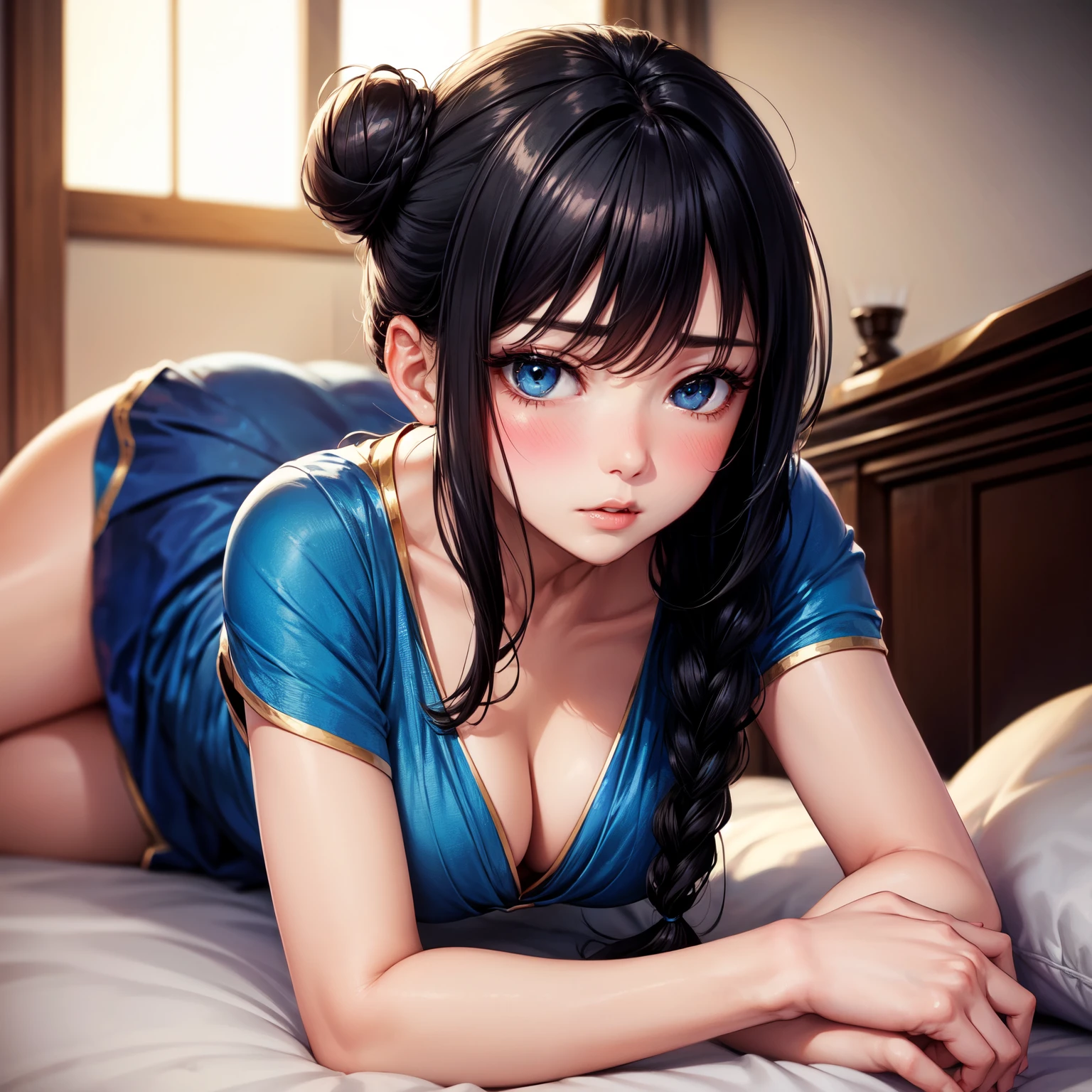 Sexy woman, black hair in a bun, seductive eyes, intense gaze, lips parted, deep blush, flustered, beautiful long neck, collarbone, medium chest, cleavage, blue saree, lying on bed, head on pillow, facing up, lustful expression