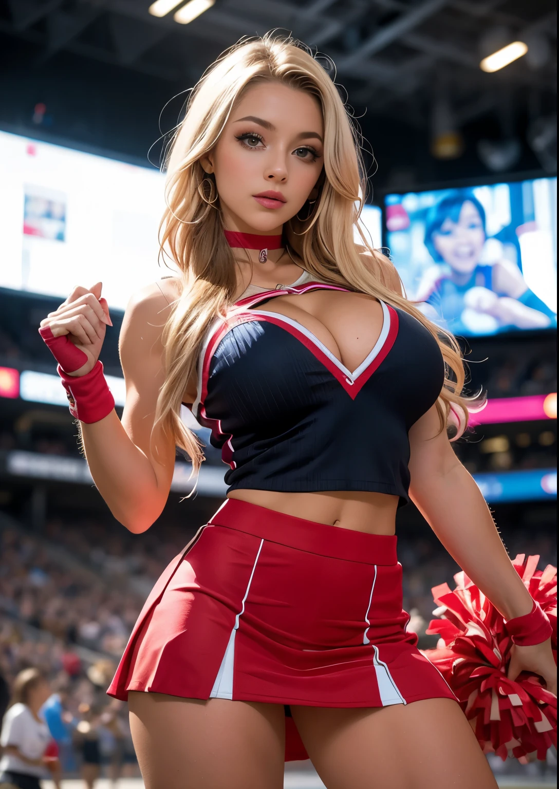 Psychedelic world、 cheerleader uniform and cheerleader skirt 、Cute sexy cheerleader girl 、21 year old girls accentuated super huge enormously gigantic tits spreading her legs open sexy seductive slutty pose 、very long blonde hair、colorful vibrant background、football game background、perfect lighting、sharp focus、High definition、high resolution、High color rendering、High resolution、Super realistic、photo realistic