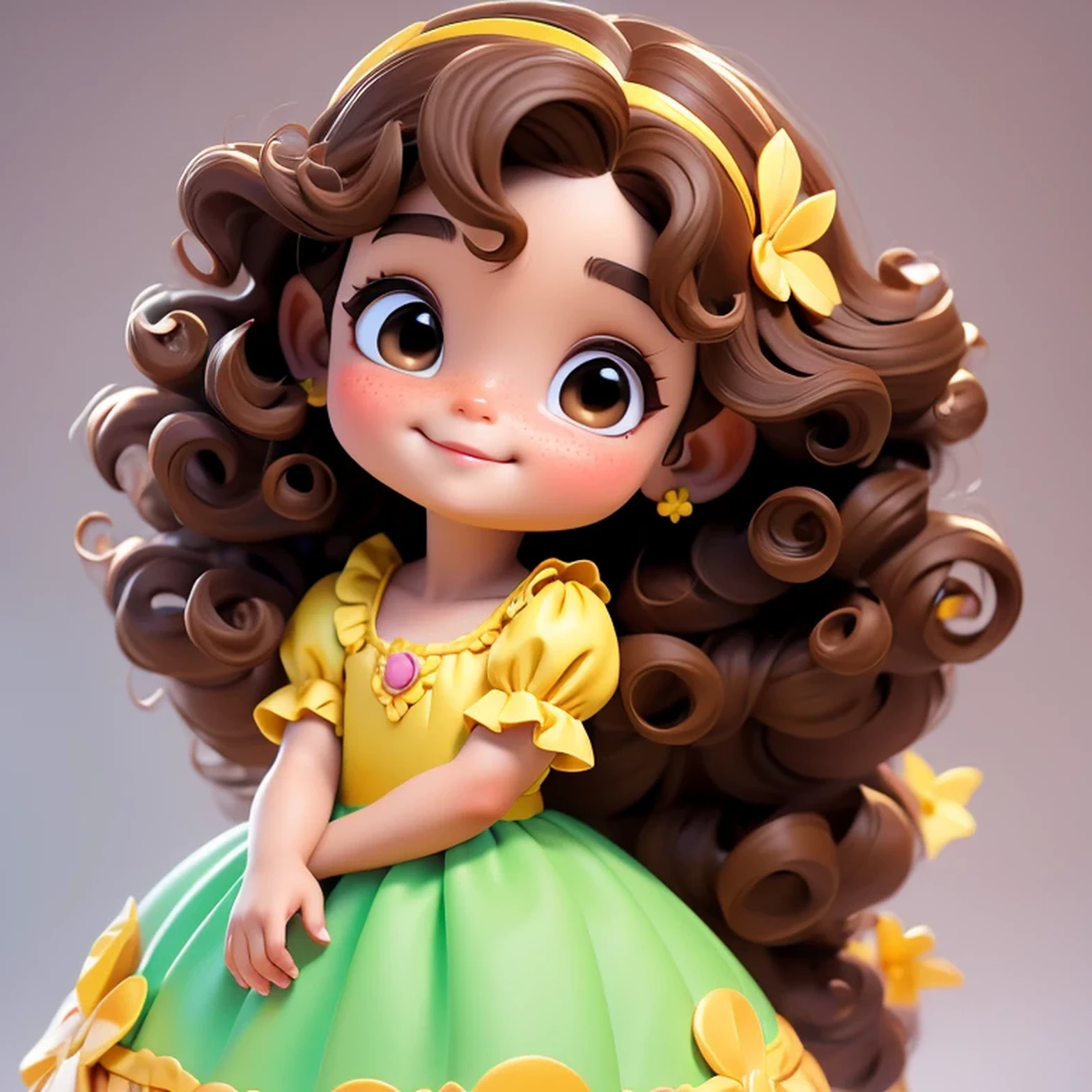 Pose de perfil de imagen de cuerpo completo, peque , four year old girl, curly brown hair, Brown eyes, sonrisa encantandora, Con un vestido amarillo, estilo princesa de cuento de hadas.