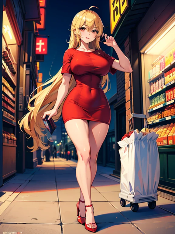 Anime hot latina women, pretty, height 175 cm, long legs, natural make-up, blonde hair, wavy hairstyle, (plump body, sagging breasts, braless, partially nude), ((casual red tight u-neck short-sleeve dress)), stilettos, high heels, pushes chest, (full body), in the night, (shopping at the supermarket, holding a trolly), professional photography, realistic, dynamic light, cinematic, conceptual, perspective