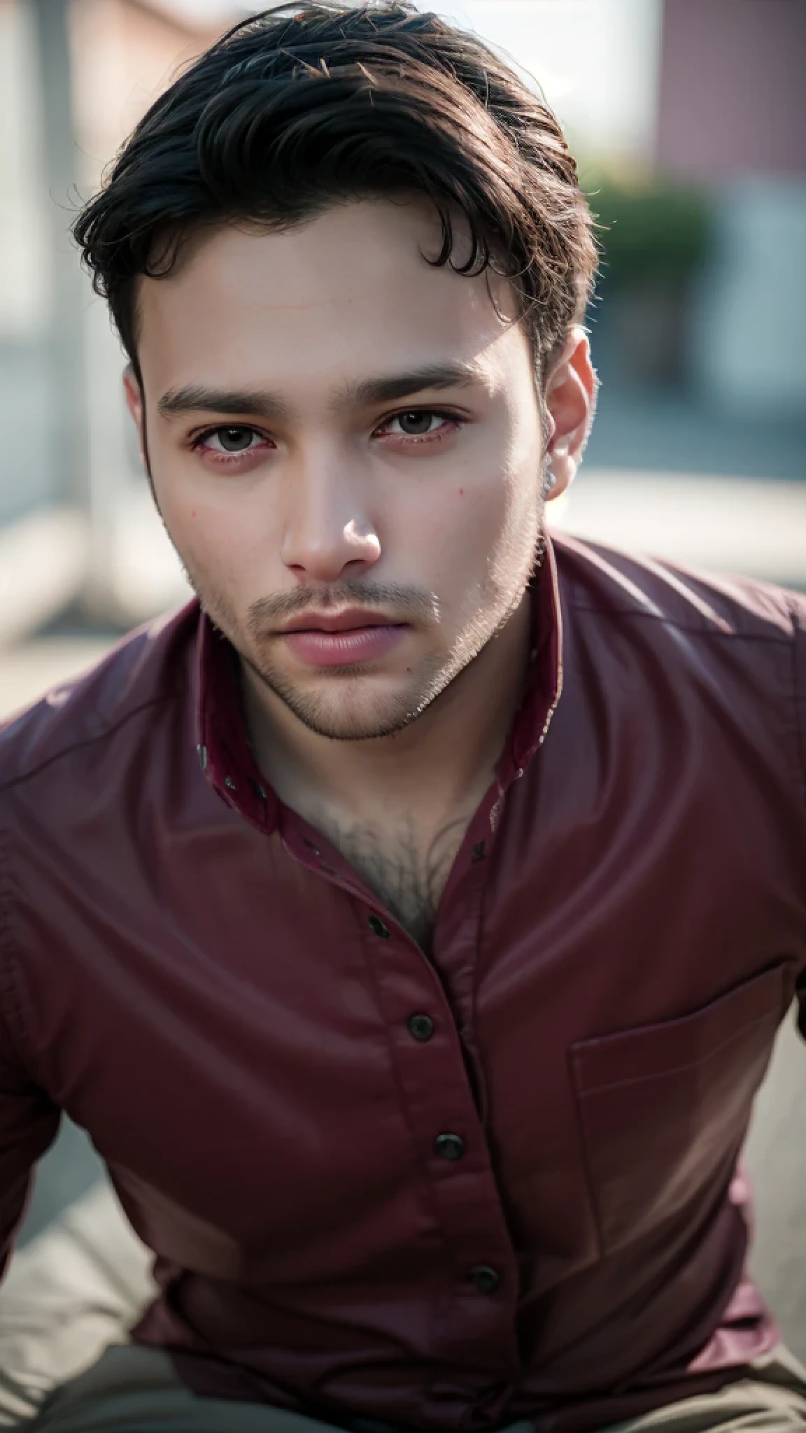 A beautiful young man with highly detailed skin,(short trimmed beard:1.3),8k,high res,ultra realistic, photorealism,(real life photo,realistic:1.9),best quality,ultra-detailed,professional,vivid colors,sharp focus,physically-based rendering,studio lighting,bokeh,portraits, wearing maroon shirt.HDR