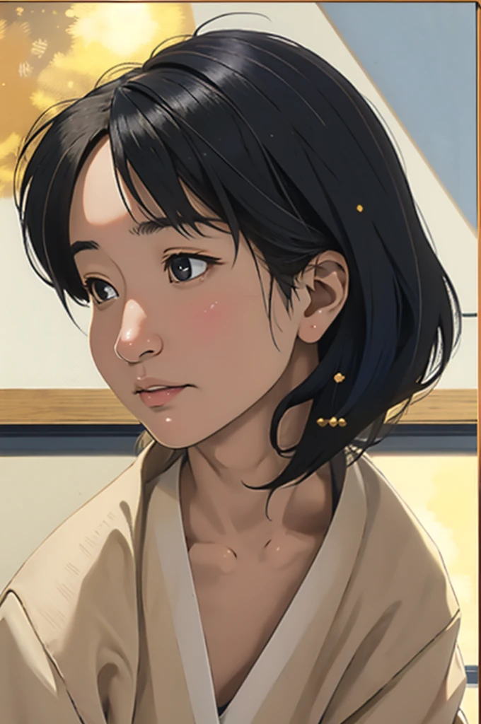 Risa, black haired japanese girl, short black hair, sitting in classroom in uniform , cute, beautiful, realistic style, highly detailed, 4k, look at camera, face close-up, ((golden ratio, center frame)), (((RISA))), face in center of picture ((NUDE)), (looking away from camera)
