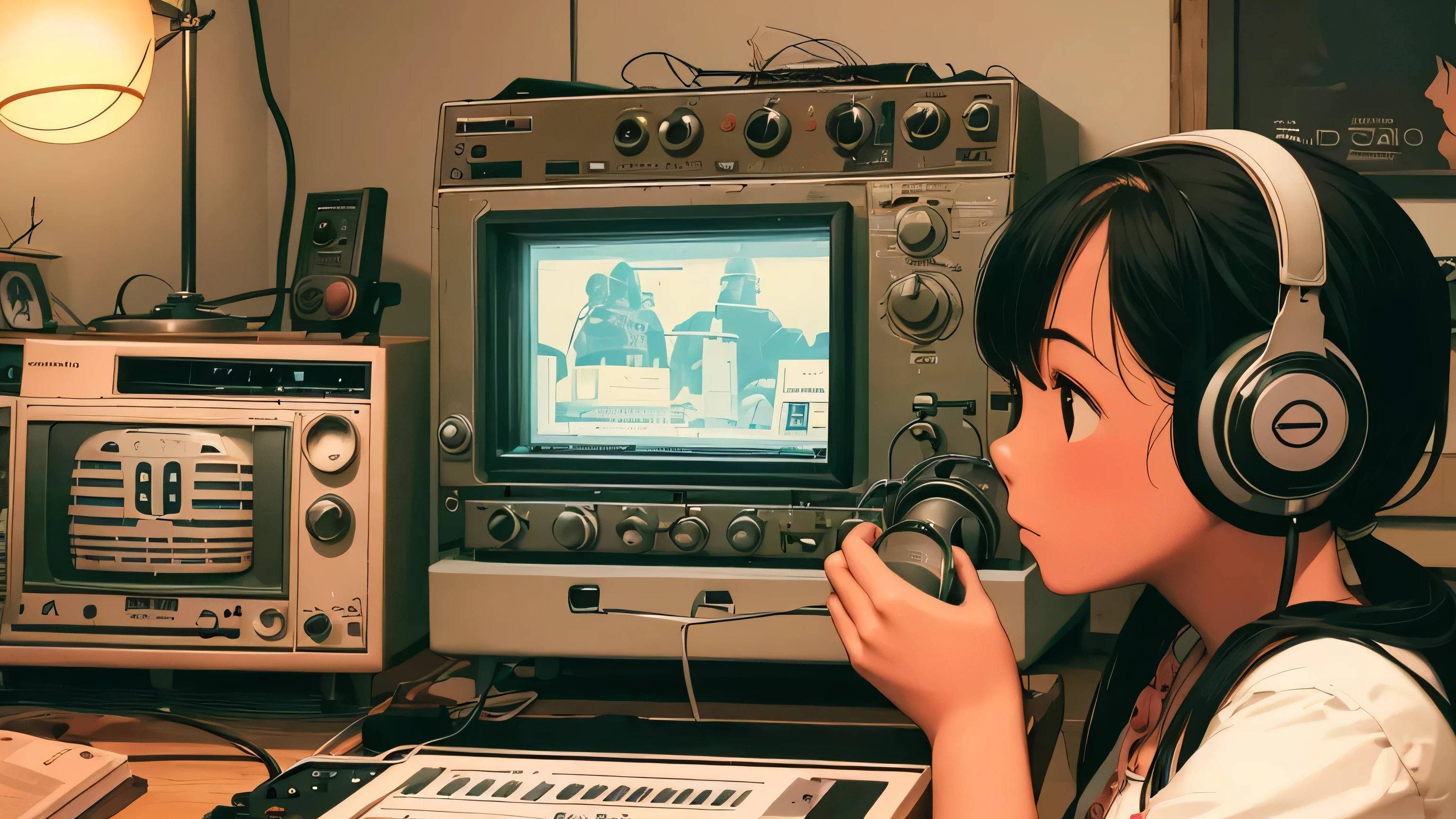 tema:"Tiempo de radio a la antigua usanza" Fondo con:Retro Radio Studio。camera angle:Capturing women enjoying nostalgic radio shows。Lleva un estilo de radio vintage.、Listen to music and theater.。adorno desprendido:Drilling into the image of a radio antenna.。