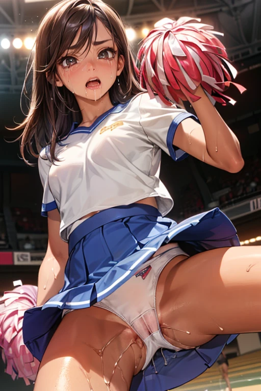 NSFW,(from below:1.4),((perfect anatomy:1.4,realistic,:1.3,RAW photo:1.3,masterpiece、highest quality、Ultra - High resolution、High resolution、Detailed CG、8K)),cowboy shot,1 female,alone,20 year old beauty,((beautiful detailed face and eyes,big and gorgeous eyes)),dark brown eyes,open your mouth,drooling,((brown hair,long hair,amount,center parted hair:1.2、straight hair)),(medium breasts,slender body,small head:1.4,skinny,tanned skin:1.4,glowing skin,oily skin,shiny skin,Sweat:1.4), break ,((Cheerleader,blue Cheerleader uniform,short sleeve、mini skirt、white panties,love juice:1.4)),((Vibrators in the vagina,sex toys)),Are standing,spread your legs:1.5, break, Audience seats、arena、