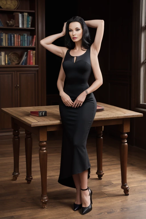 (8k, 4k, masterpiece), beautiful pretty woman, (black sleeveless dress), witch, solo, 1girl, (one person), (one body), full figure in frame, standing, (morticia addams), (extraarms:1.2), (woman with four arms), (top hands behind head), (bottom hands on wooden table), (bottom hands holding book), (catherine zeta jones)